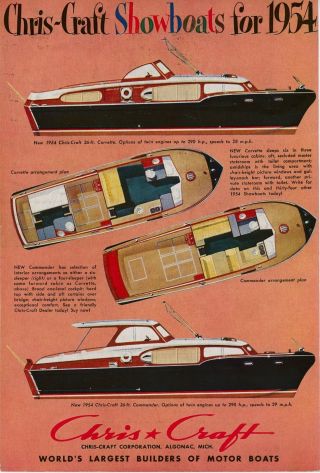 1954 Chris Craft Motor Boat Ad 36 Ft.  Corvette And Commander Boating Motorboat