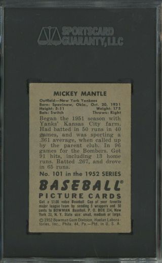 1952 Bowman 101 Mickey Mantle Yankees RC Rookie HOF SGC 55 VG - EX,  4.  5 2