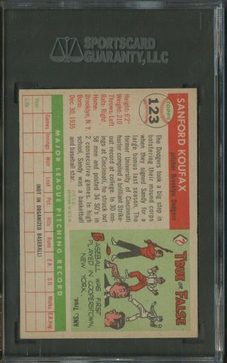 1955 Topps 123 Sandy Koufax Dodgers RC Rookie HOF SGC 84 7 