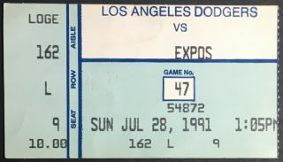 Dennis Martinez Perfect Game Ticket 1991 Los Angeles Dodgers Vs Expos Mlb