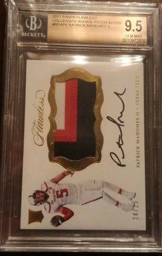 Patrick Mahomes 2017 Flawless Collegiate Rc Patch Auto Gold/25 Bgs 9.  5 