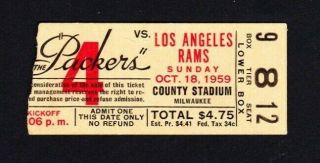 1959 Los Angeles Rams Vs Green Bay Packers Nfl Ticket Stub Lombardi 1st Season