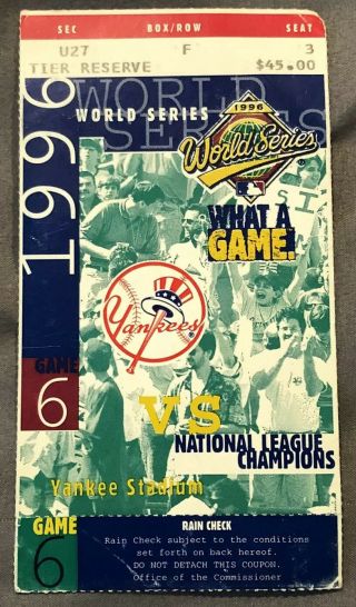Derek Jeter 1st Ws Win York Yankees 1996 World Series Ticket Stub Game 6