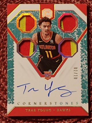 2018 - 19 Panini Cornerstones Quad Jersey Trae Young Auto 1/10 3 Color Patches