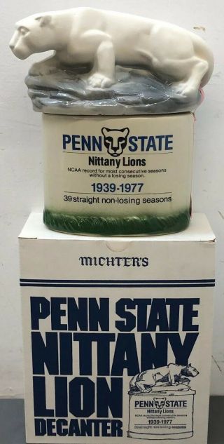 1977 Penn State Football Nittany Lion Decanter Michter’s Distillery W/box Psu 9”