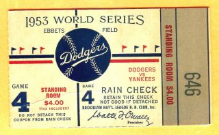 1953 World Series Gm 4 Ticket Stub - Dodgers/yankees - Mantle Hit/duke Hr/jackie Hit