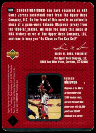 1997 Upper Deck Game Jersey Hakeem Olajuwon Patch GJ10 SSP 1:2500 Packs Rare 2