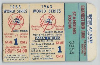 1963 World Series Game 1 Ticket Stub York Yankees Vs La Dodgers Koufax 15 Ks