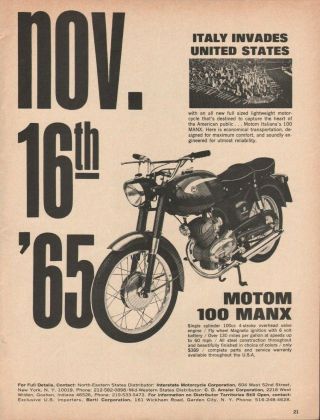 1965 Motom 100 Manx - Italy Invades United States - Vintage Motorcycle Ad