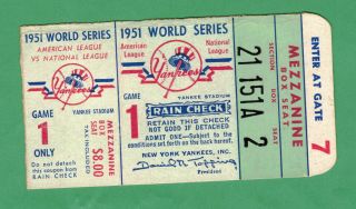 1951 World Series Game 1 Ticket Stub York Yankees Vs.  York Giants