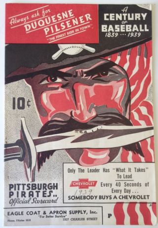 1939 Pittsburgh Pirates Vs Cincinnati Reds Baseball Program