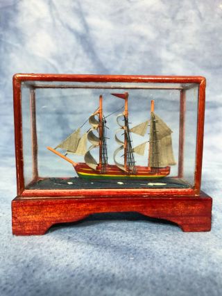 Vintage 4 " Miniature Sailing Ship In Glass Case Doll House Diorama Scene