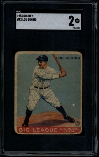 1933 Goudey 92 Lou Gehrig Rc Sgc 2 Good Yankees