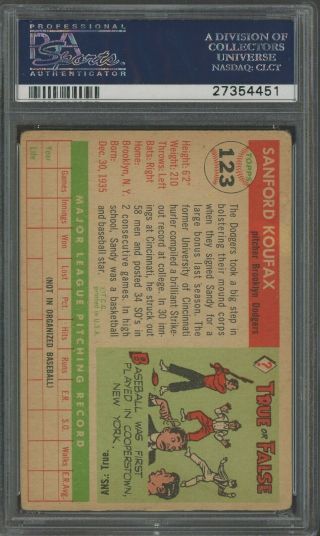 1955 Topps 123 Sandy Koufax Dodgers RC Rookie HOF Signed PSA/DNA 10 AUTO 2