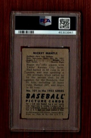 1952 Bowman 101 Mickey Mantle York Yankees Baseball Card 2nd Year PSA 2 2