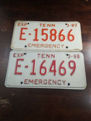 Two Vintage Tennessee Emergency License Plates 1988 1987 Red White