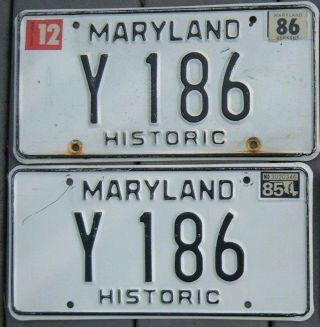 Vintage Pair 1985 1986 Maryland Historic License Plates Y 186