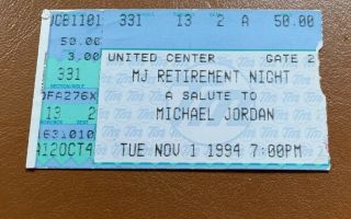 Salute To Michael Jordan Ticket Stub Mj Retirement Night 11/1/1994 Chicago Bulls