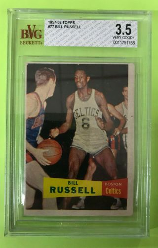 Bill Russell 1957 - 58 Rookie Topps 77 Bvg Beckett Graded 3.  5 Very Good,  Nba Hof