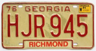 Georgia 1976 1981 License Plate,  Hjr 945,  Richmond County
