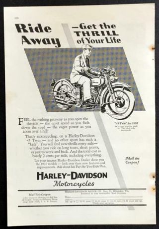 1930 Harley Davidson Ride Away - Get The Thrill Of Your Life Vintage Ad