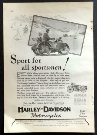 1928 Harley Davidson W/sidecar Sport For All Sportsmen Vintage Ad