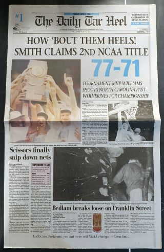 1993 Unc Tar Heels Daily Tar Heel National Basketball Championship Ed.  4/6/1993
