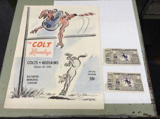 Colts / Redskins 1958 Oct 26 Game Program,  Ticket Stubs Nfl Baltimore Washington