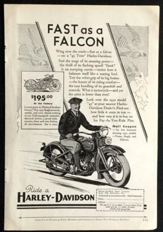 1932 Harley Davidson Fast As A Falcon Vintage Motorcycle Ad
