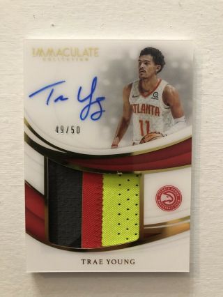 2018 - 19 Immaculate Trae Young Premium Patch Auto Rookie 49/50 Autograph 3 Clr Rc