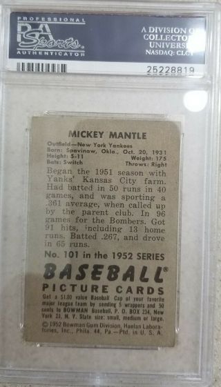 1952 BOWMAN MICKEY MANTLE PSA 3 HIGH END 3 2