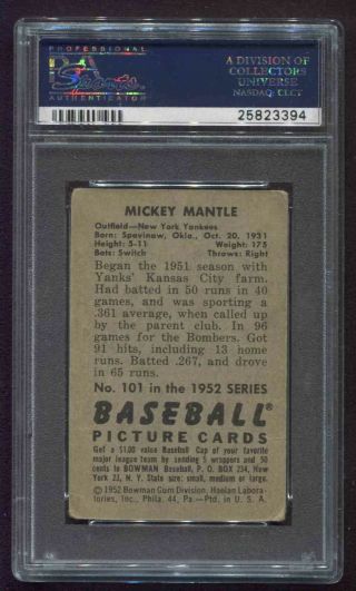 1952 BOWMAN 101 MICKEY MANTLE YANKEES PSA 3 VG 2