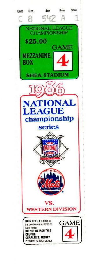 1986 York Mets Game 4 Playoff Ticket Stub - Rain Check Attached
