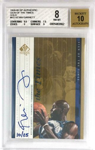 Kevin Garnett 1999 - 00 Sp Authentic Sign Of The Times Gold 10/25 Bgs 8 Auto 10