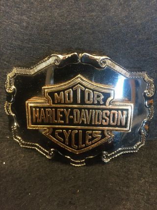 - Vintage 70s Harley - Davidson Motorcycle Belt Buckle Gold Black Enamel