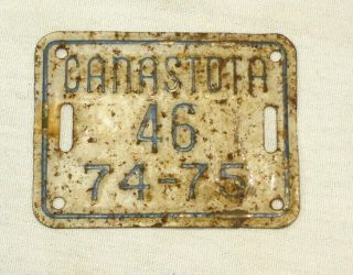 Vintage Canastota Ny Bicycle License Plate Tag " 1974 - 1975 46 " Embossed Steel