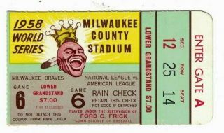 1958 World Series Ticket Stub - Game 6,  Whitey Ford Vs.  Warren Spahn - Ex