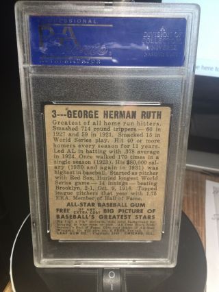 1948 Leaf 3 Babe Ruth PSA 2 GOOD.  Centering is Good Also 2