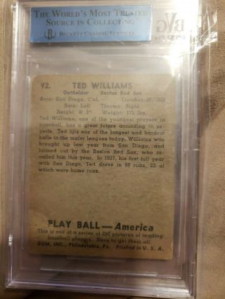 1939 Play Ball 92 Ted Williams (RED SOX) Rookie Card RC Authentic Altered BVG 3