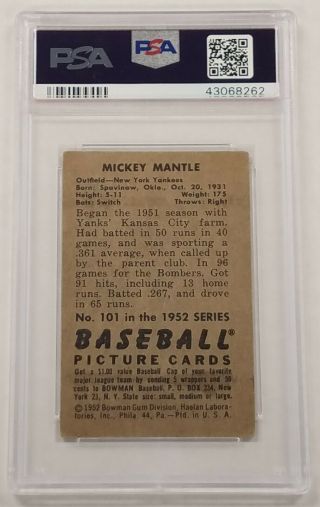 Mickey Mantle 1952 Bowman 101 PSA 3 VG Great Eye Appeal York Yankees NYY 2