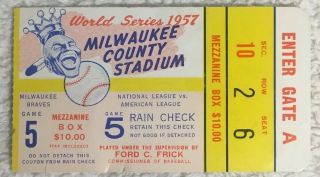 1957 World Series Ticket Game 5 Milwaukee Braves Vs Ny Yankees - Sec 10 Row 2