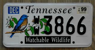 1999 Tennessee Watchable Wildlife Blubird Blue Bird License Plate Ww 3866