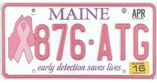 2016 Maine Breast Cancer License Plate 876 - Atg