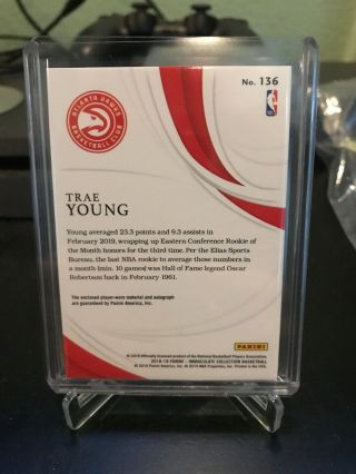 2018 - 19 Immaculate Trae Young Hawks RPA RC Rookie Patch AUTO 46/99 2