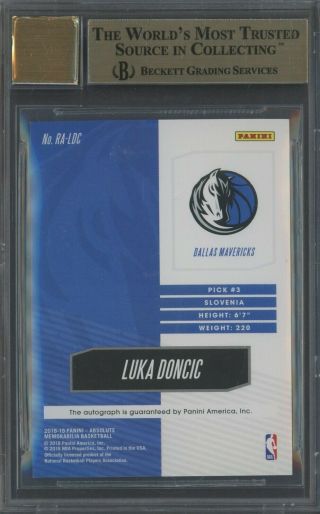 2018 - 19 Absolute Memorabilia Level 3 Luka Doncic RC Rookie AUTO /10 BGS 9.  5 2