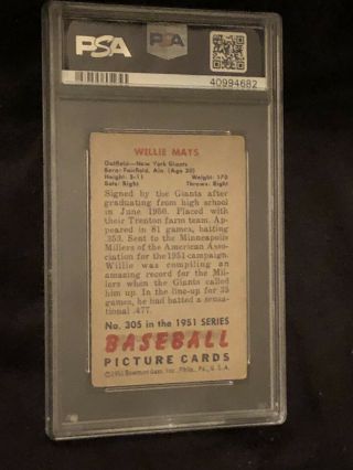1951 Bowman Willie Mays ROOKIE RC 305 PSA 2 GD 2