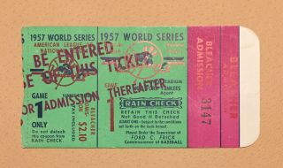 1957 World Series Ticket Yankees Braves Hank Aaron Mickey Mantle G1