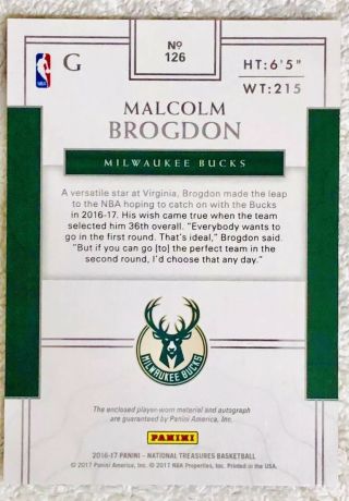 MALCOLM BROGDON 2016 - 17 National Treasures GOLD RC RPA ROOKIE AUTO Patch 4/10 2