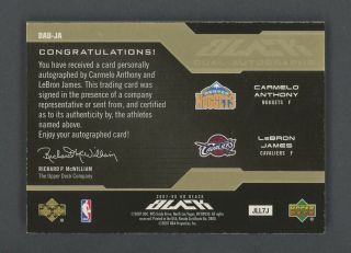 2007 - 08 UD Black Carmelo Anthony LeBron James Dual Gold INK AUTO 15/15 JERSEY 2