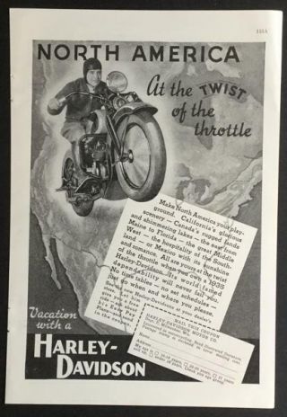 Harley Davidson Ad From 1935 - " North America At The Twist Of The Throttle ".
